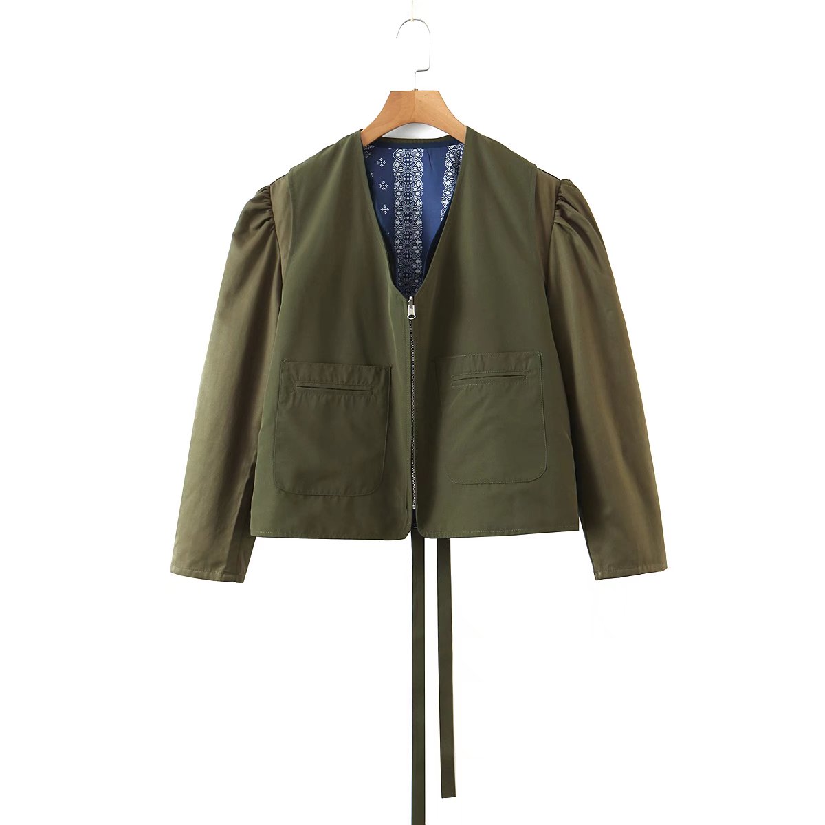 flowersverse Autumn Fashion Jackets High Quality Women Vintage Prints Front Zip Long Sleeve Casual Loose Tops Coat Ladies Green Jacket