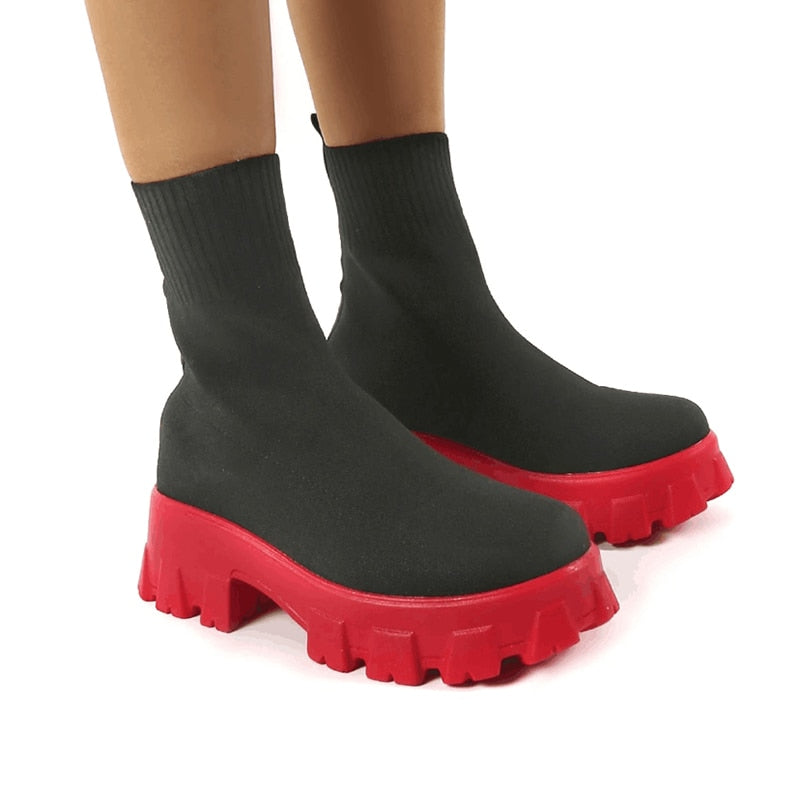 flowersverse Ankle Boots Metal Chain Slip On Thich Platform Short Boots Ladies Mixed Color Autumn Winter Shoes Female Chelsea Fashion