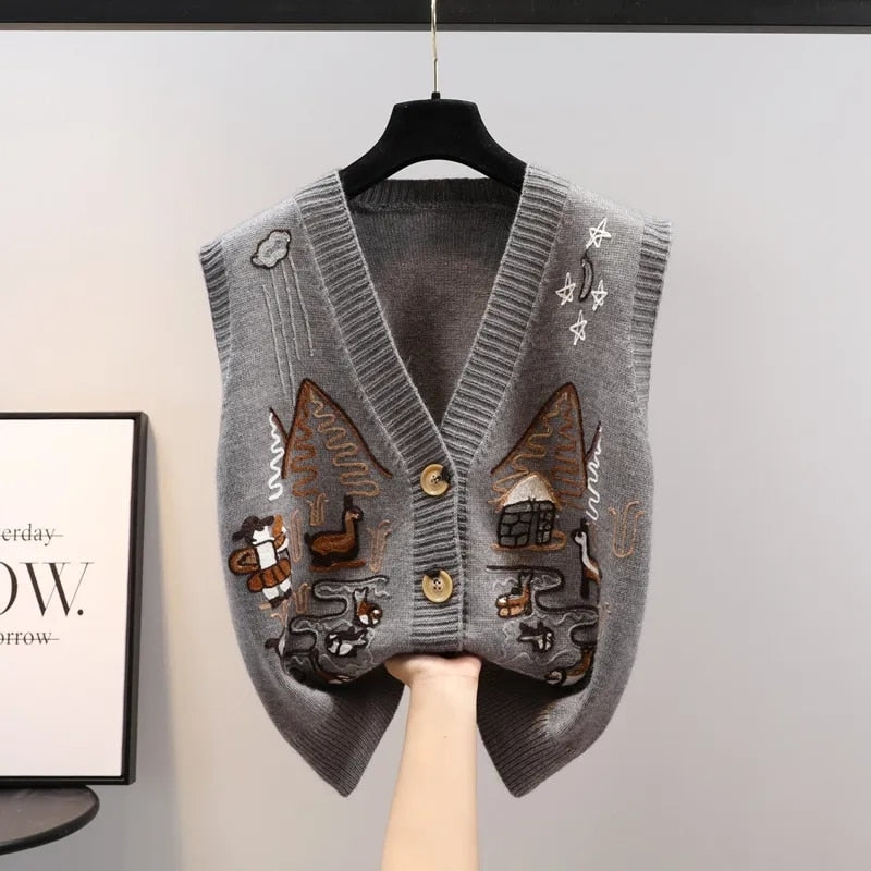 flowersverse Autumn Sweater Knitted Vest Korean Top For Women Clothing Oversize Vintage Sleeveless Korean Fashion Harajuku V-Neck Cardigans