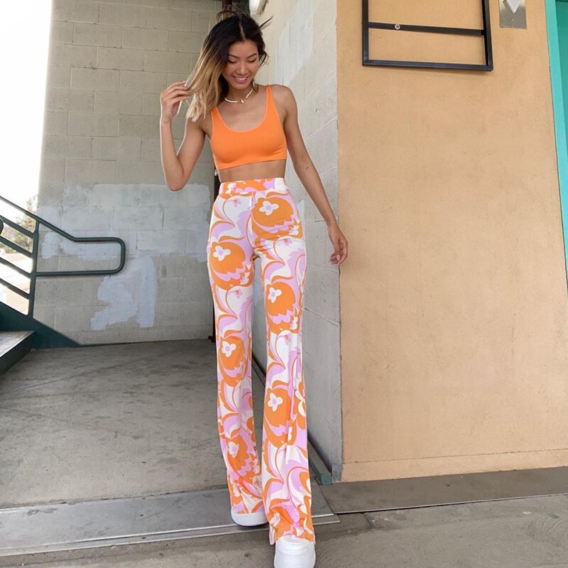 flowersverse Bohemian Style Floral Pants Holiday Slim High Waisted Trousers Vintage Elastic Waist Wide Lege Pants Women Harajuku-0519