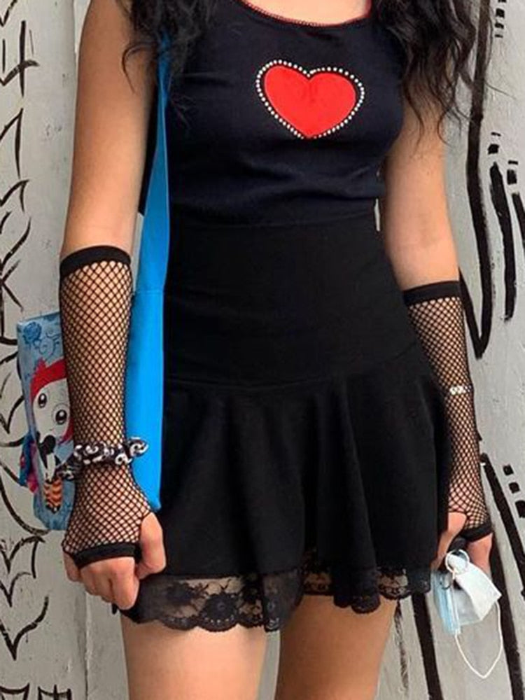 flowersverse Basic Versatile Stretchy High-waisted Lace Stitching Short Skirt Casual Vintage Harajuku Women Black Mini Skirt