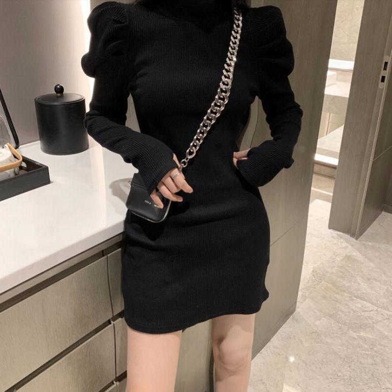 flowersverse Autumn Knitted One-Piece Dress Korean Women Winter Warm Puff Long Sleeve Sexy Mini Dress Bodycon Black Dresses Kpop