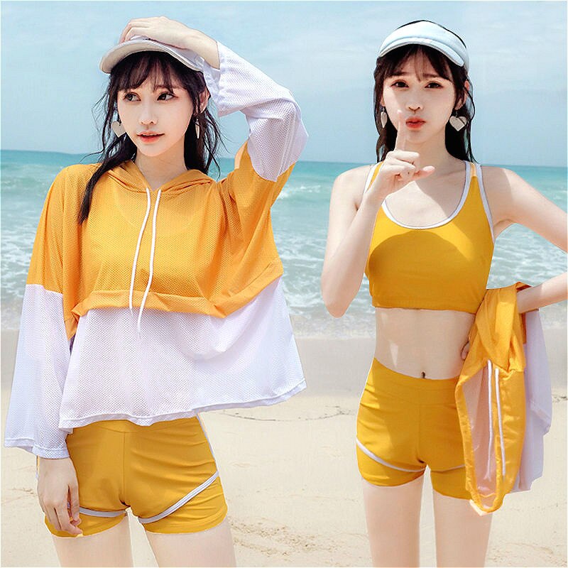 flowersverse 3 Piece Bathing Suit Blue Yellow High Wasit Bikini Women's Swimwear Patchwork Bodysuit Soprt Push Up Swim Suit Cover Up