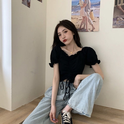 flowersverse Blouses Shirts Women V-Neck Summer Puff Sleeve Chic Korean Style Crop Top Pleated Lace-Up Sweet Slender All-Match Ins Womens New