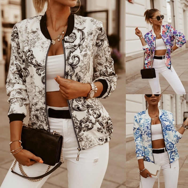 flowersverse Flower Print Long Sleeve Women's Bomber Jacket Fashion Zipper Up Vintage Coat Tops Elegant Slim Basic Ladies Jackets Outwear