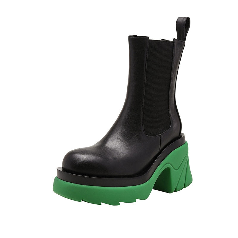 flowersverse Ankle Boots Metal Chain Slip On Thich Platform Short Boots Ladies Mixed Color Autumn Winter Shoes Female Chelsea Fashion