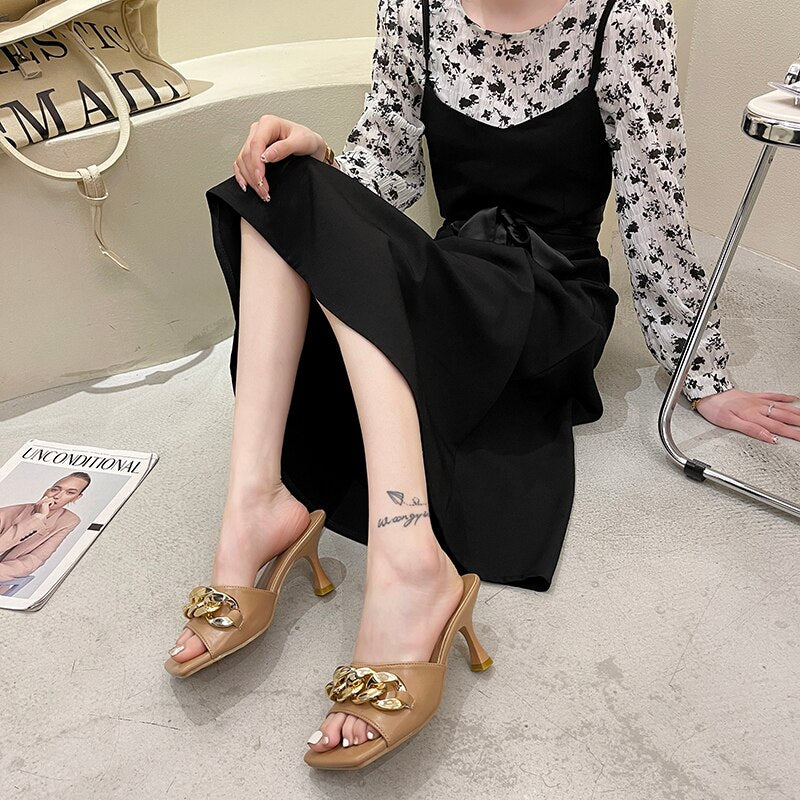Amzae Summer Women's Slippers Women Sandals 6cm Heels Shoes Female Golden Metal Chain Ladies Slipper Fashion Casual Slides Mules
