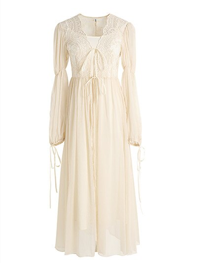 flowersverse Back to school outfit French Vintage Lace Fairy Dress Romantic Woman Apricot Lace Lantern Sleeve Long Maxi Dresses Princess Party Night Vestido Festa