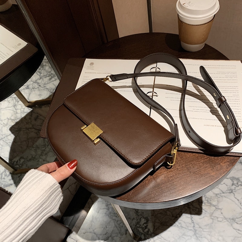 flowersverse Back to school Vintage Semicircle Saddle Shoulder Crossbody Bags For Women Brand Designer Push Lock Small Ladies Handbags Trends