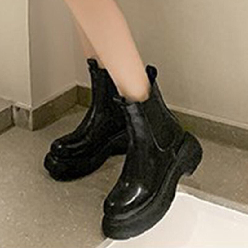 flowersverse Ankle Boots Metal Chain Slip On Thich Platform Short Boots Ladies Mixed Color Autumn Winter Shoes Female Chelsea Fashion