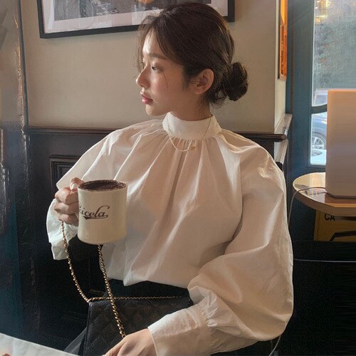 flowersverse Back to school outfit Women Shirt Spring Autumn Korean Chic Ladies Minimalist Stand-Up Collar Back Single-Breasted Lantern Sleeve Blouse