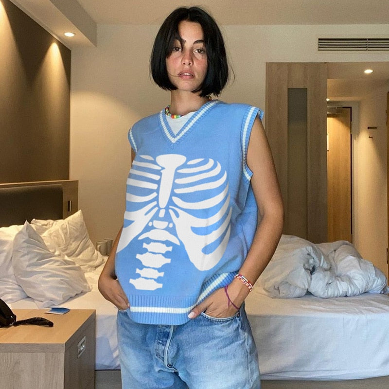 flowersverse Autumn V-Neck Sweater Vest Sternum Skull Printed Knitted Vest Skeleton Loose Casual Sleeveless Top Preppy Style Tops Women