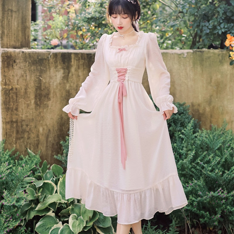 flowersverse Back to school Vintage Bandage Fairy Dress For Slim Lady French Royal Court Style Bow Petal Sleeve Lolita Princess Dresses Mori Vestido Festa