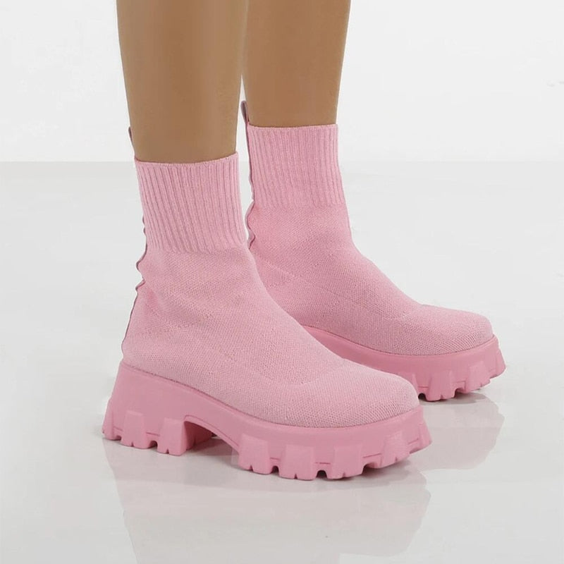 flowersverse Ankle Boots Metal Chain Slip On Thich Platform Short Boots Ladies Mixed Color Autumn Winter Shoes Female Chelsea Fashion