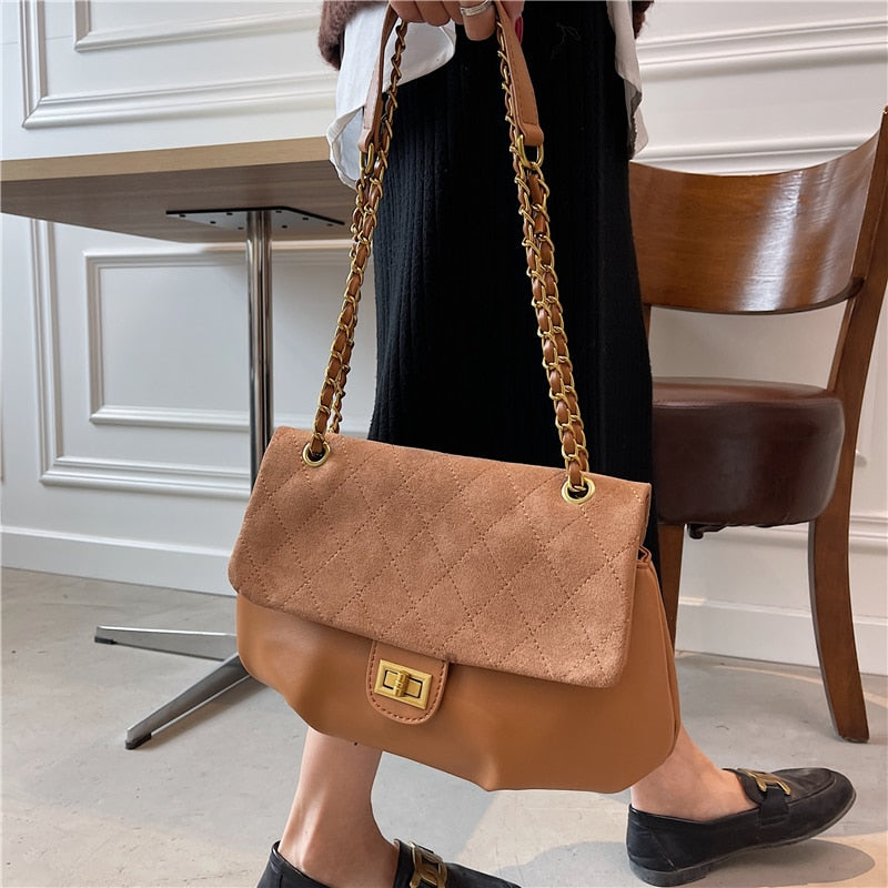 flowersverse Back to school Suede Chain Crossbody Shoulder Bags For Women Trend Vintage Luxury Designer Lingge Thread Sling Ladies Handbags
