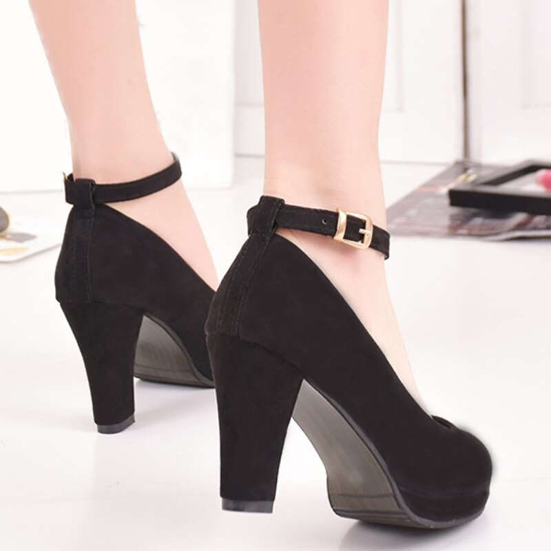 flowersverse Women Fashion Flock Pumps Ladies Sweet Thick High Heels Shoes Female Ankle Strap Suede Mary Jane Woman Party Casual Footwear