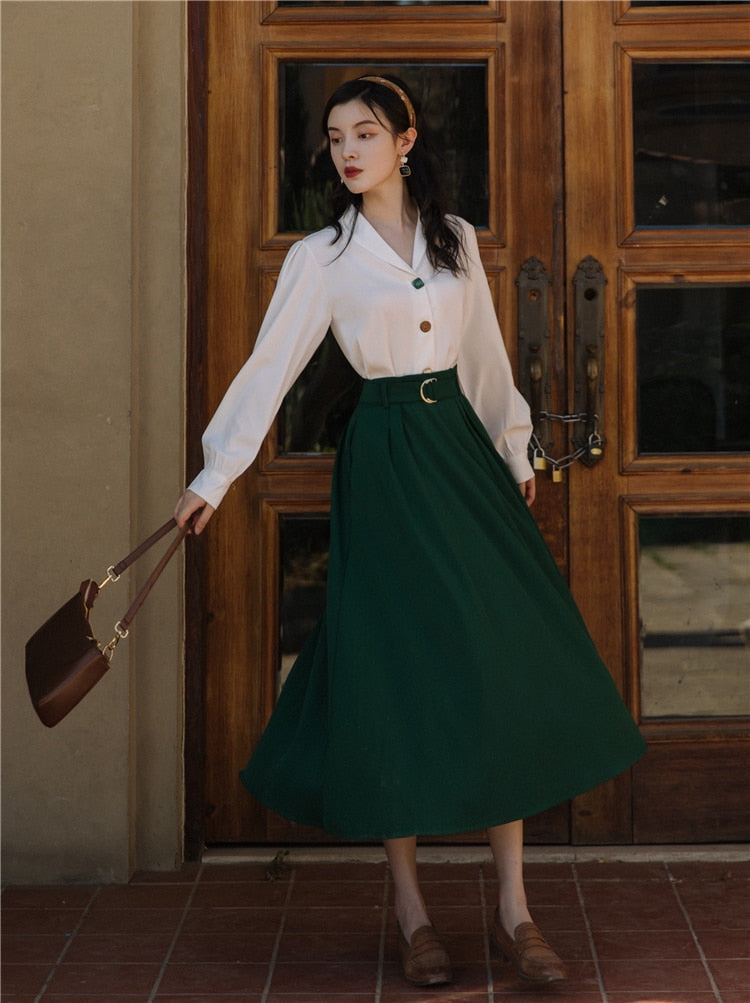 flowersverse Back to school Modern Vintage Style Outfits For Office Lady Elegant Long Sleeve White Blouse Female Tops & Green Maxi Skirt With Belt Women Set