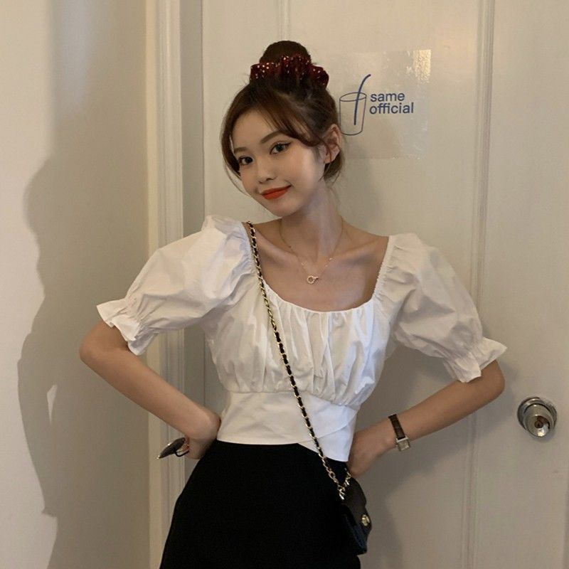 flowersverse Blouses Women Summer Puff-Sleeve Crop-Top Backless Sexy Club Pleated Solid Elegant Sweet Girls Bow Lace-Up Korean Style Blusas