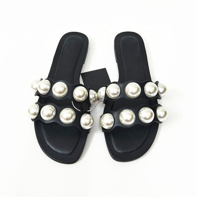 flowersverse Fashion Flat Slippers Party shoes Fulgurant Pearl Sandals thin Belt Roman Flat Women Flip Flops Casual Beach
