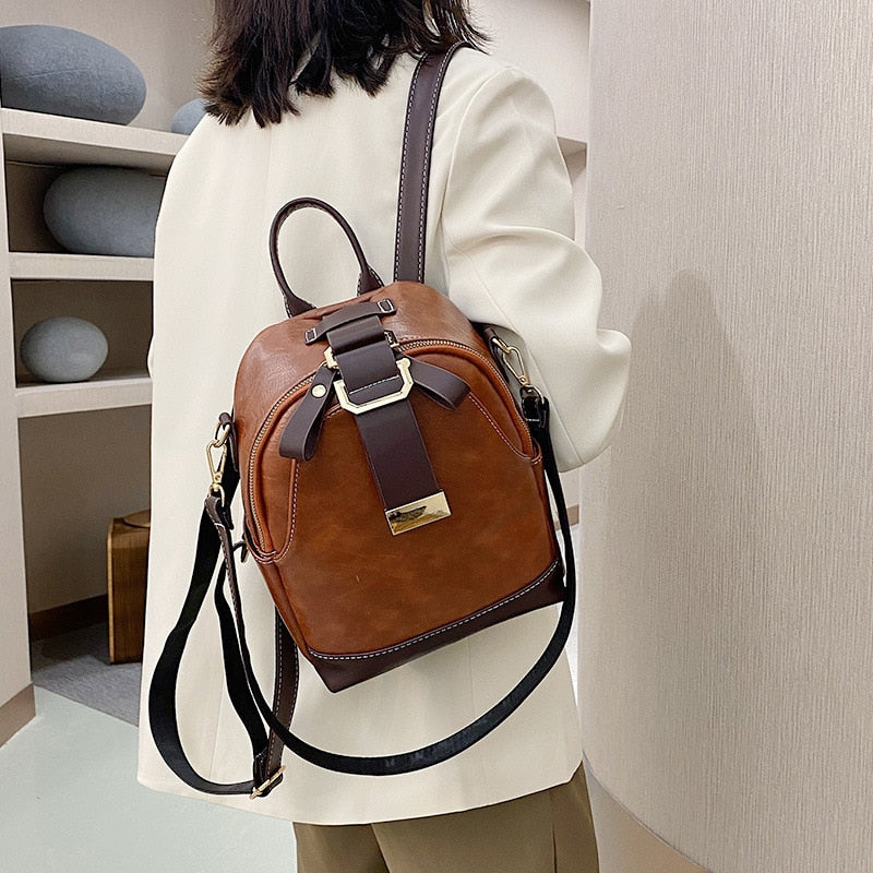 flowersverse Back to school Vintage Patchwork Women Backpack Small Luxury Design Female Shoulder Bag Ladies Totes PU Leather Schoolbag Backpacks Bagpack
