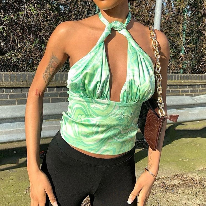 flowersverse Vintage Lace-up Backless Y2K Halter Tops V-neck Solid Harajuku Corset Tees Streetwear Fashion Camisole 2000s Cuteandpsycho