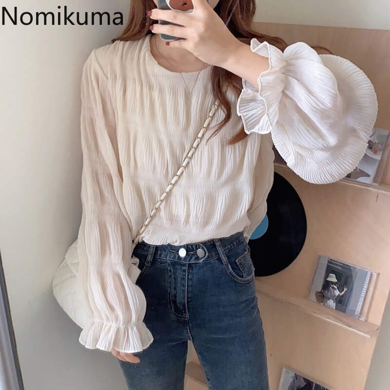 flowersverse Blusas Mujer Autumn New Korean Shirt O Neck Long Sleeve Elegant Blouse Women Solid Color Casual Fashion Tops 3c798