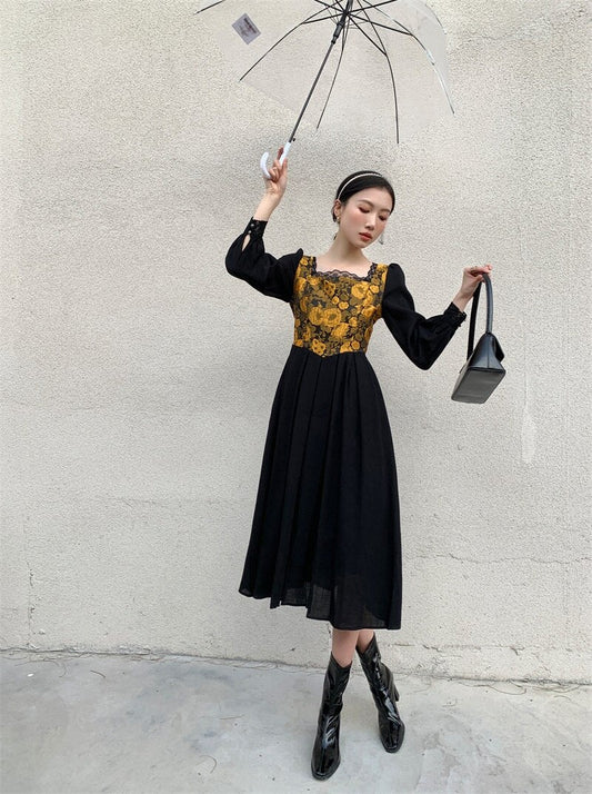 flowersverse Back to school Korean Fashion Black Dress Woman Streetwear Women Modern Vintage Print Floral Patchwork Dresses For Party Night Vestido Negro