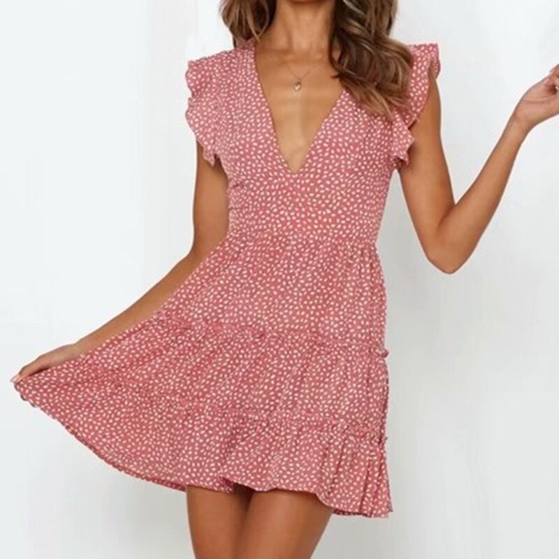 flowersverse Women Dress Boho Floral Ruffle Short Mini Dress Summer Knot V-Neck Party Holiday Dress Femme Vestido De Mujer
