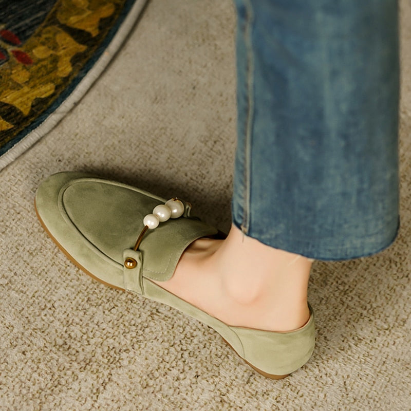 flowersverse Size 34-40 Women Real Leather Flats Shoes Pearl Shallow Casual Ins Style Fashion Loafers Spring Autumn Ladies Footwear