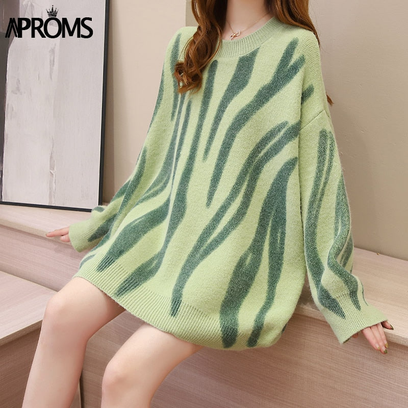 flowersverse Aproms Korean Fashion Khaki Stripes Print Loose Sweaters Women Winter Hip-Pop Oversized Long Pullovers Streetwear Outerwear K23