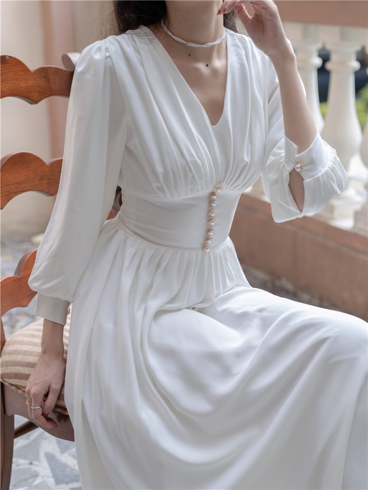 flowersverse Back to school Elegant Lady White Midi Dress Woman Vintage Lantern Sleeve V-Neck Folds Party Night Dresses Vestido Blanco Robe Blanche Femme