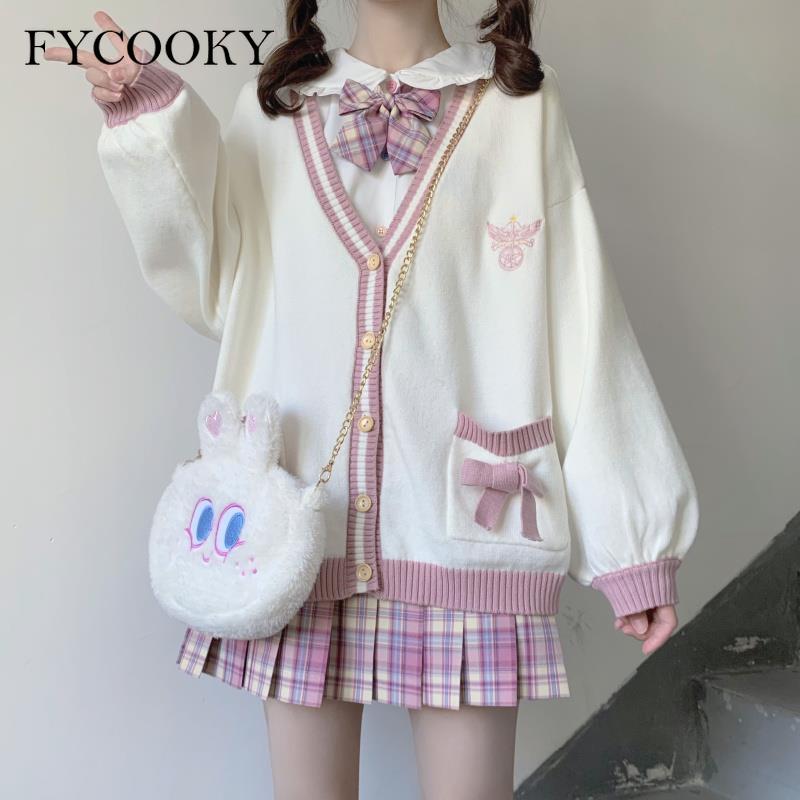 flowersverse Autumn Sweet Bow Cardigans Women Korean Loose Colorblock Sweater Jacket Kawaii Print Knitted Cardigan New