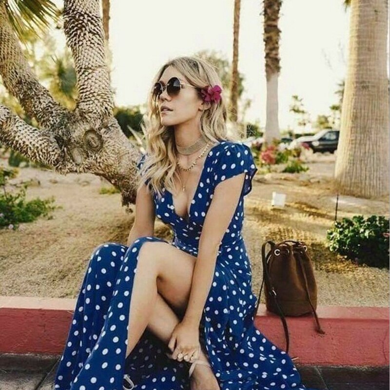 Back to school flowersverse Women Bohemian Dots Printed Party Dress Short Sleeve V Neck Casual Dress Ummer Fashion Split Women Long Dress