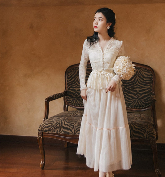 flowersverse Back to school outfit Elegant Vintage Style Outfits Korean Fahion Long Sleeve V-Neck Lace Shirt Tops Blouse & Mesh Midi Skirt 2 Piece Set Women Suits