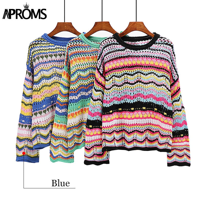 flowersverse Back To School Christmas Gift Aproms Elegant Rainbow Stripe Knit Sweater Autumn Women's Pullovers Casual Long Sleeve Hollow Out Jumper Streetwear Fashion Top