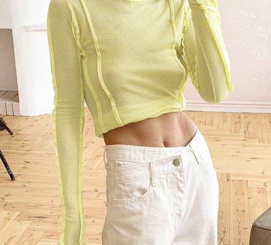 flowersverse Bodycon White O-Neck Women'S T-Shirt Elegant Yellow Long Sleeve Fall Tee Shirt Casual Slim Elastic Solid Top Female