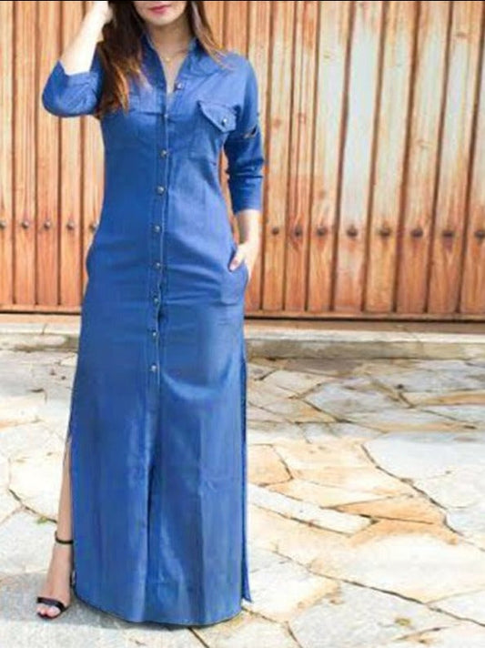 flowersverse Vintage Denmin Dresses Spring Sundress Split Holiday Party Maxi Dresses Women Lapel Button Long Dress Casual Solid Robe