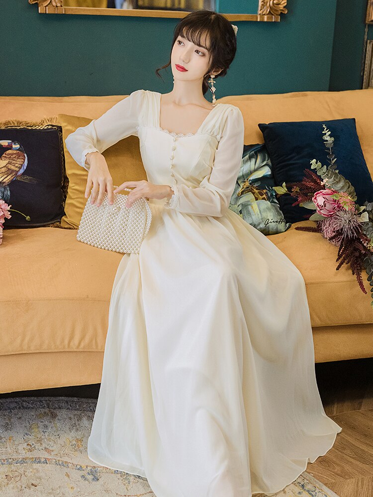 flowersverse Back to school Beige Long Dress For Women Vintage Beading Square Collar With Lace Fairy Princess Dresses Elegant Lady Robe Vestido Branco