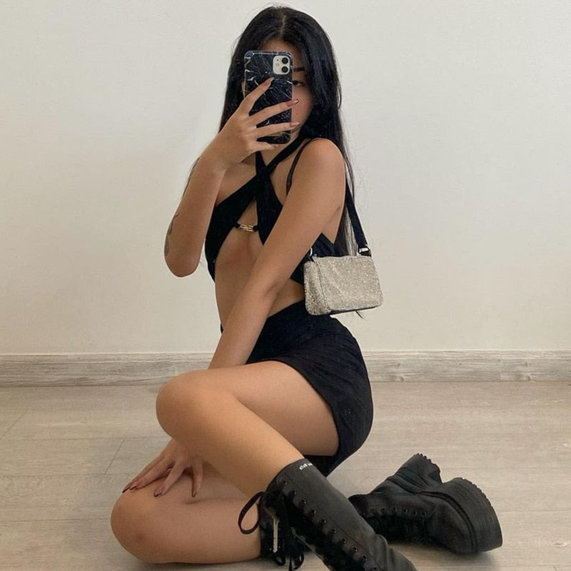 Graduation Gift Big Sale Backless Halter Cut-Out Women Mini Dresses Bodycon Club Fashion Sleeveless Black Dress Holiday Clothes