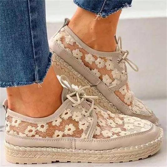 flowersverse Summer Comfortable Loafers Women's Retro Mesh Breathable Flat Casual Shoes 35-40 Hollow Embroidery Lace Up Female Sneakers