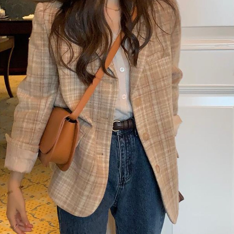 flowersverse Blends Women Classic Retro Plaid Outer Wear Tender All Match College Ladies Fashion French Warm Long Sleeve Casual Elegant Ins