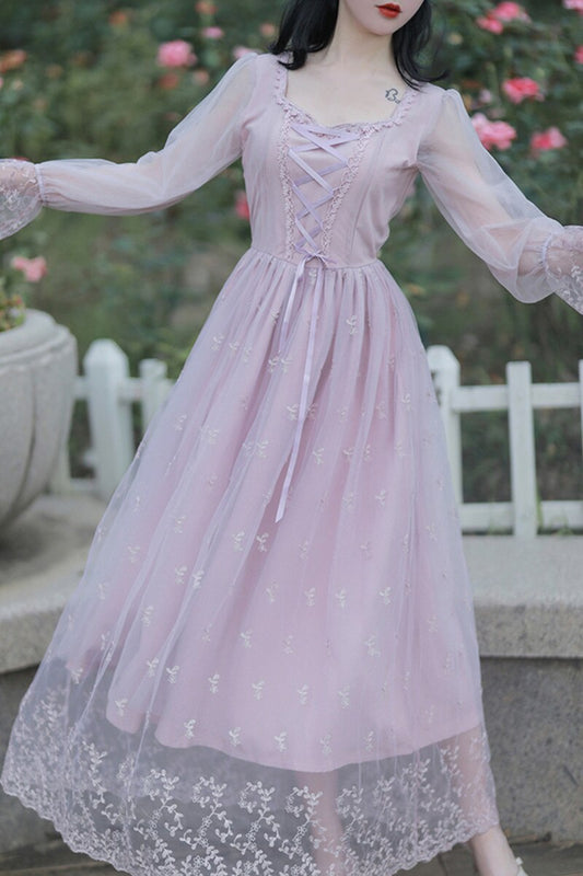 flowersverse Back to school outfit Light Purple Mesh Lace Fairy Dress Vintage French Embroidery Flare Sleeve Bandage Romantic Princess Dresses Mori Vestidos Faldas