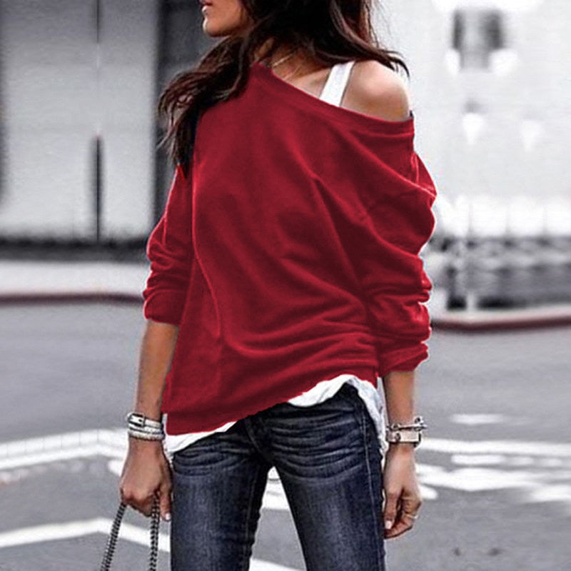 flowersverse Back to school Autumn Blouse One Shoulder Tops Solid Shirt Female Clothes Outwear Casual Female Knitted Loose Shirts Women Long Sleeve