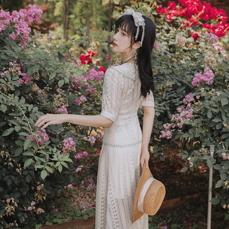 flowersverse Back to school outfit Summer Women Lace Fairy Dress For Slim Lady Vintage Cottage Hollow Out Short Sleeve Casual Long Dresses Elegant Vestido Festa
