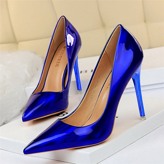 flowersverse Pumps Women Shoes High Heels 10.5cm Blue Green Patent Leather Stiletto Ladies Fetish Wedding Bridal Shoes Plus Size