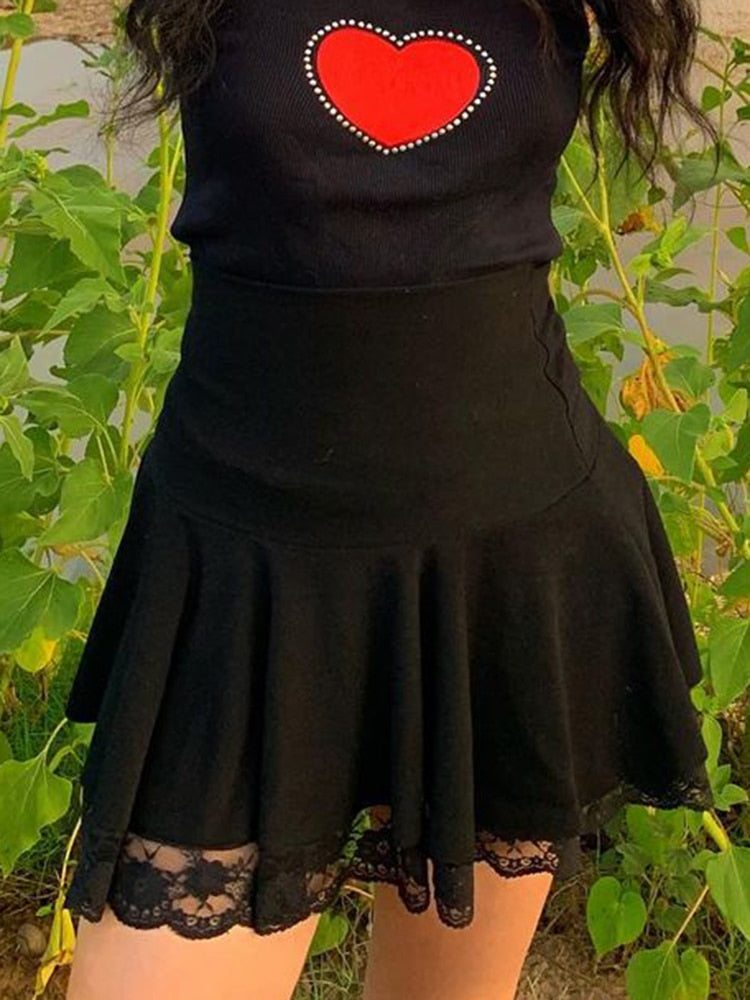 flowersverse Basic Versatile Stretchy High-waisted Lace Stitching Short Skirt Casual Vintage Harajuku Women Black Mini Skirt