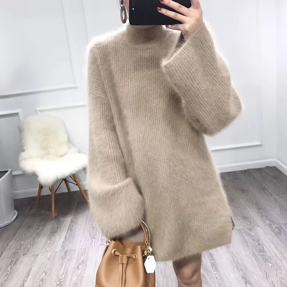 flowersverse Autumn Winter Long Turtleneck Sweater Women Loose Lazy Oaf Flare Sleeve Fluffy Synthetic Mink Cashmere Sweater Knitted Jumpers
