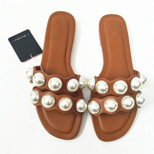 flowersverse Fashion Flat Slippers Party shoes Fulgurant Pearl Sandals thin Belt Roman Flat Women Flip Flops Casual Beach