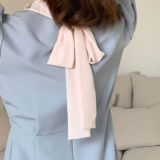 flowersverse Back to school outfit Woman Chic Dresses Minimalism Elegant Temperament Lacing Color Contrast Stand Collar Slim Puff Sleeves Female Vestidos