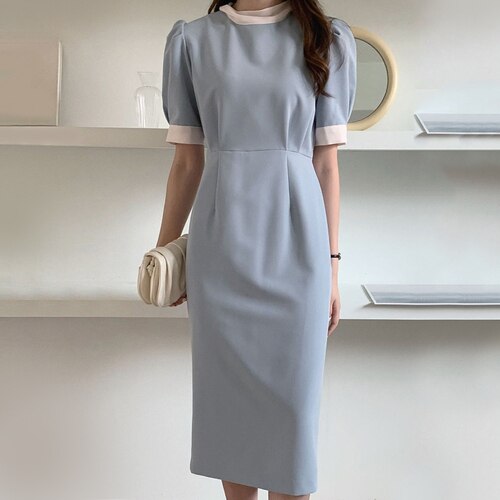 flowersverse Back to school outfit Woman Chic Dresses Minimalism Elegant Temperament Lacing Color Contrast Stand Collar Slim Puff Sleeves Female Vestidos